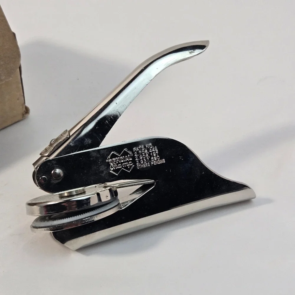 Vintage Official Champ Pocket Seal Embosser Library of MCM Christel Narin Chrome